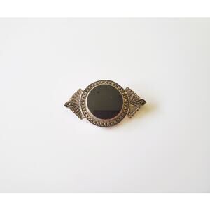 Vintage Art Deco Onyx Marcasite Sterling Silver Brooch